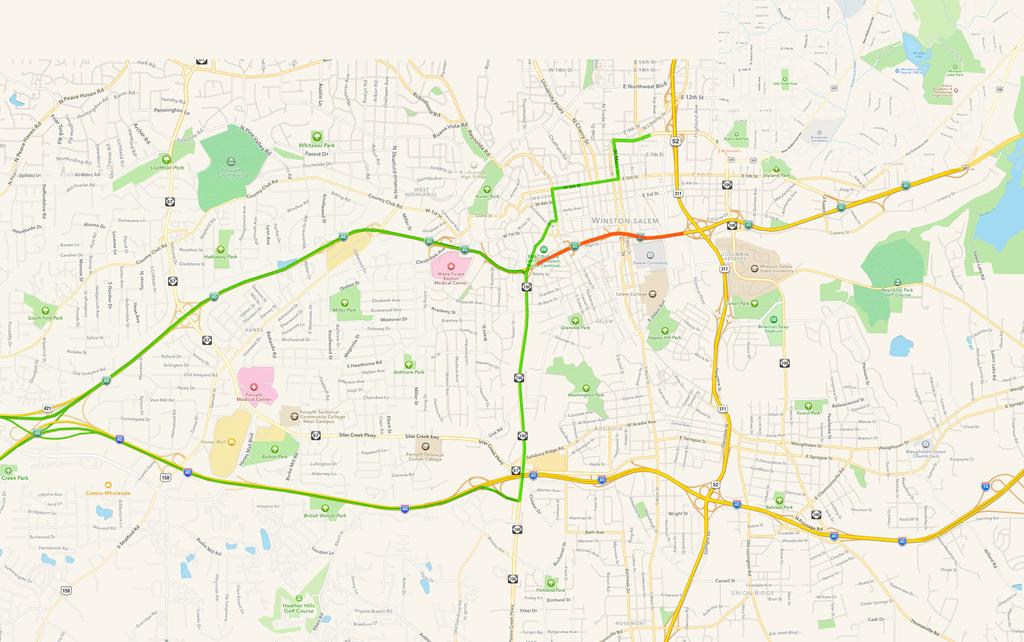 3 FROM LEWISVILLE, YADKINVILLE, NORTH WILKESBORO, CLEMMONS, MOCKSVILLE, STATESVILLE Entering Winston-Salem traveling south on US 421 or east on I-40 to the Downtown Health Plaza: Route option using