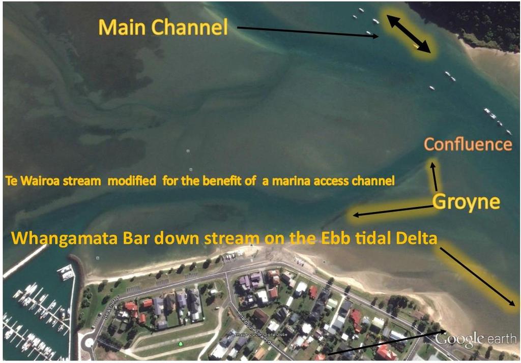 The photo below illustrates the modified Te Wairoa Stream, confluence, and main channel of