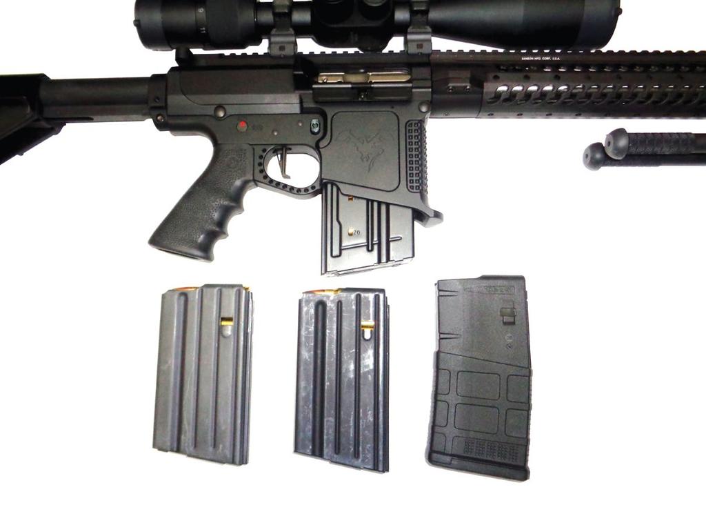 The rifle was tested and is compatible with the Knights Armament steel magazine (left), CProducts Defense (center) and Magpul Gen 3 Pmag (right). In the rifle is the D&H Tactical steel magazine.