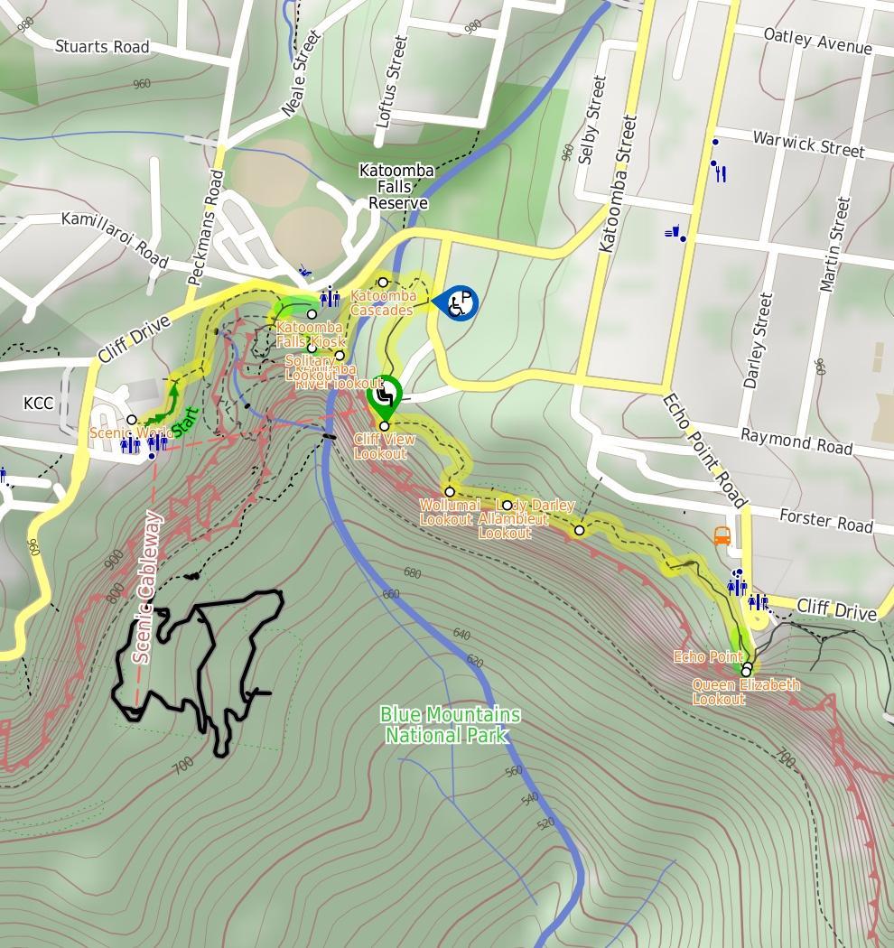 Scenic World to Echo Point 1 hr 15 mins 2.1 km One way Moderate track 192m This is one of the most popular tourist walks in the Katoomba area.