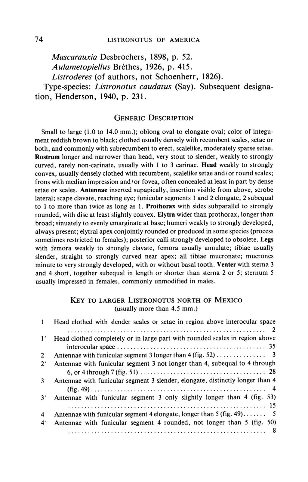 74 LISTRONOTUS OF AMERICA Mascarauxia Desbrochers, 1898, p. 52. Aulametopiellus Brthes, 1926, p. 415. Listroderes (of authors, not Schoenherr, 1826). Type-species: Listronotus caudatus (Say).