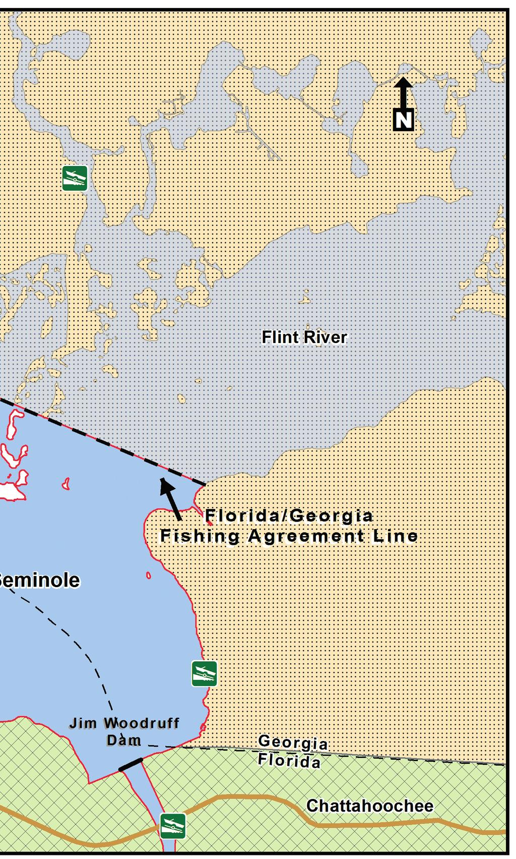 Map showing boundaries of Lake Seminole where agreement between Florida and Georgia and special regulations apply.