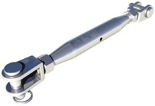 (824 g) End anchor TURNBUCKLE TENSIONER J3640742 The tensioner enables adjustment of the wire rope tension to the required value. Material: Stainless steel 316L Minimum breaking strength: 6,744 lbs.