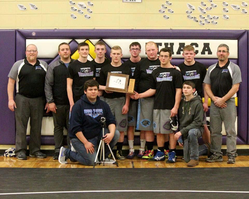 Congratula ons to the Ithaca Weston Wrestlers! Three way e for 2017 18 Ridge and Valley Conference Dual Champions!