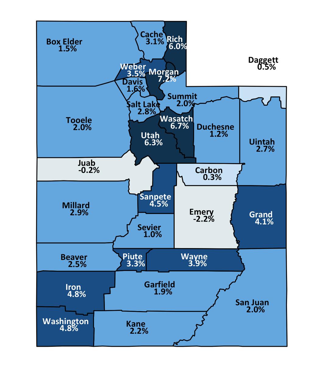 Utah Employment Change Rates By County May 2017 to May 2018 State Rate = 3.4% 5.0% + 3.