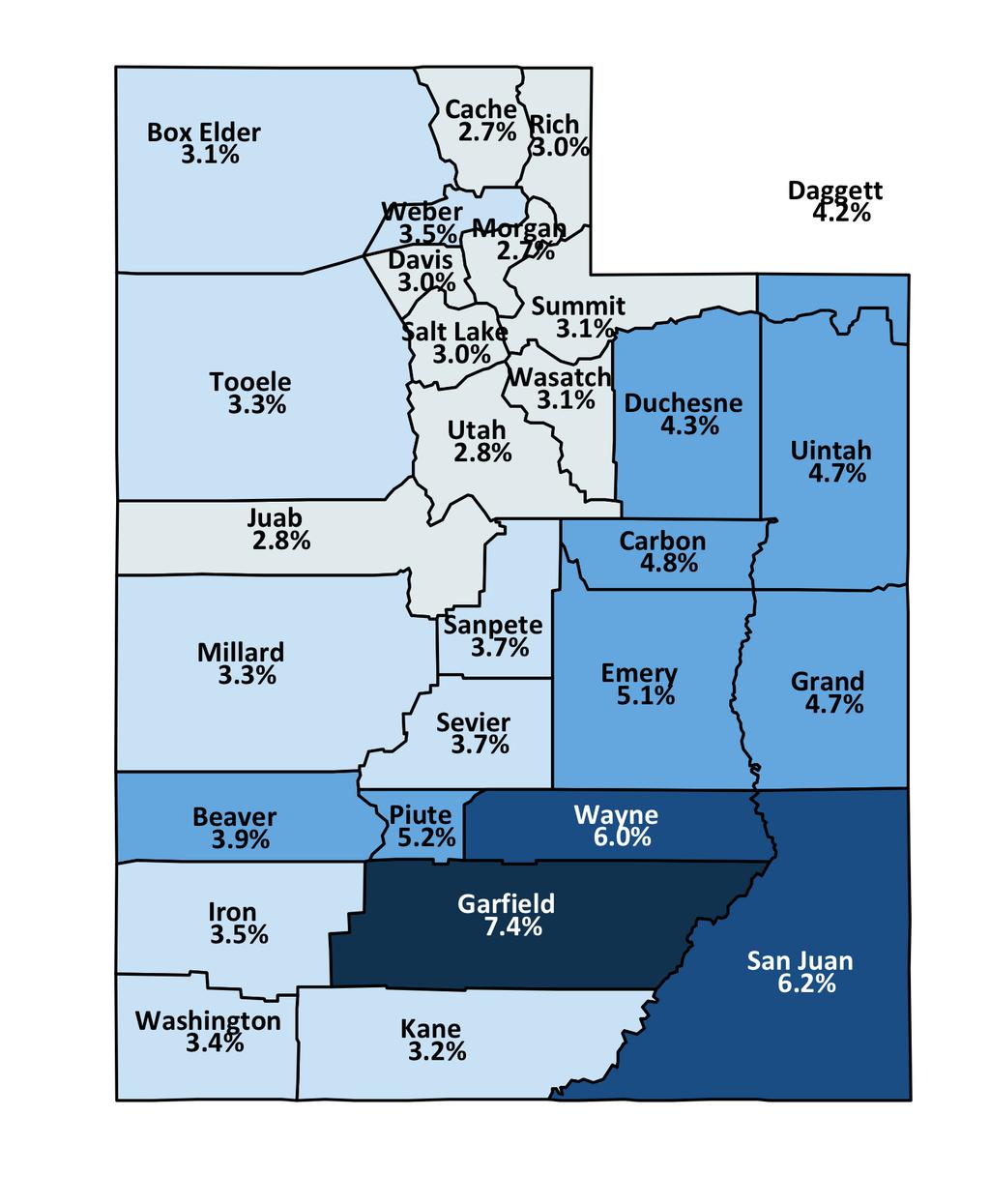 Utah Unemployment Rates By County April 2018 State Rate = 3.1% 7.0% + 6.0% to 6.