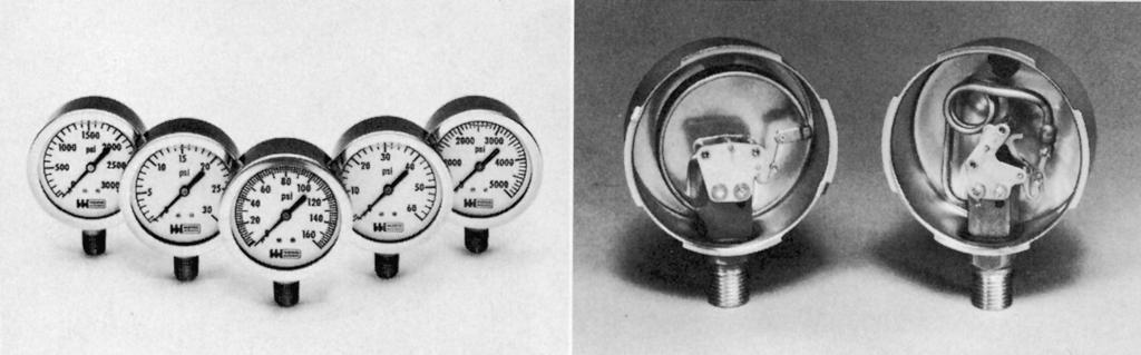 2.7 Mechanical and Electronic Pressure Measuring Devices 59 (a) FIGURE 2.13 (a) Liquid-filled Bourdon pressure gages for various pressure ranges. (b) Internal elements of Bourdon gages.