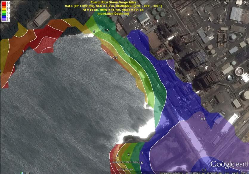 Figure 16 - Inundation Depth for category 3 hurricane under SLR = 0 m. Costa Sur.
