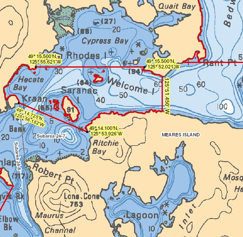 Saranac Island Chart 3603 In Subarea 24-7, those waters that lie inside a line that: begins at 49 15.500 N 125 55.621 W north of Hecate Bay then to 49 15.500 N 125 52.