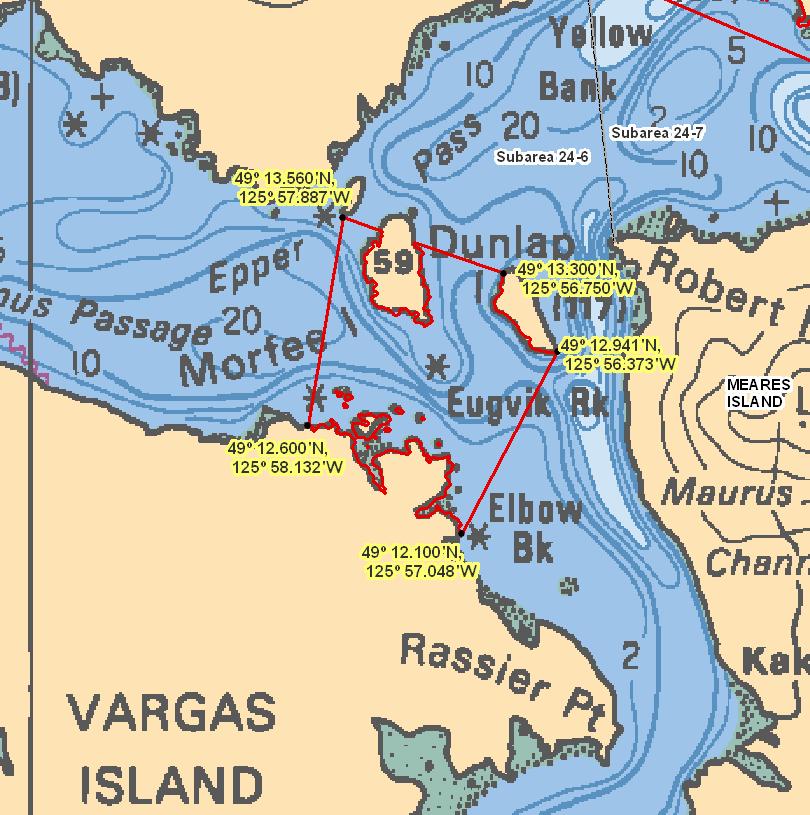 Vargas Island to Dunlap Island Chart 3603 That portion of Subarea 24-6 that lies inside a line that: begins at 49 13.560 N 125 57.887 W in water then through Morfee Island to 49 13.300 N 125 56.