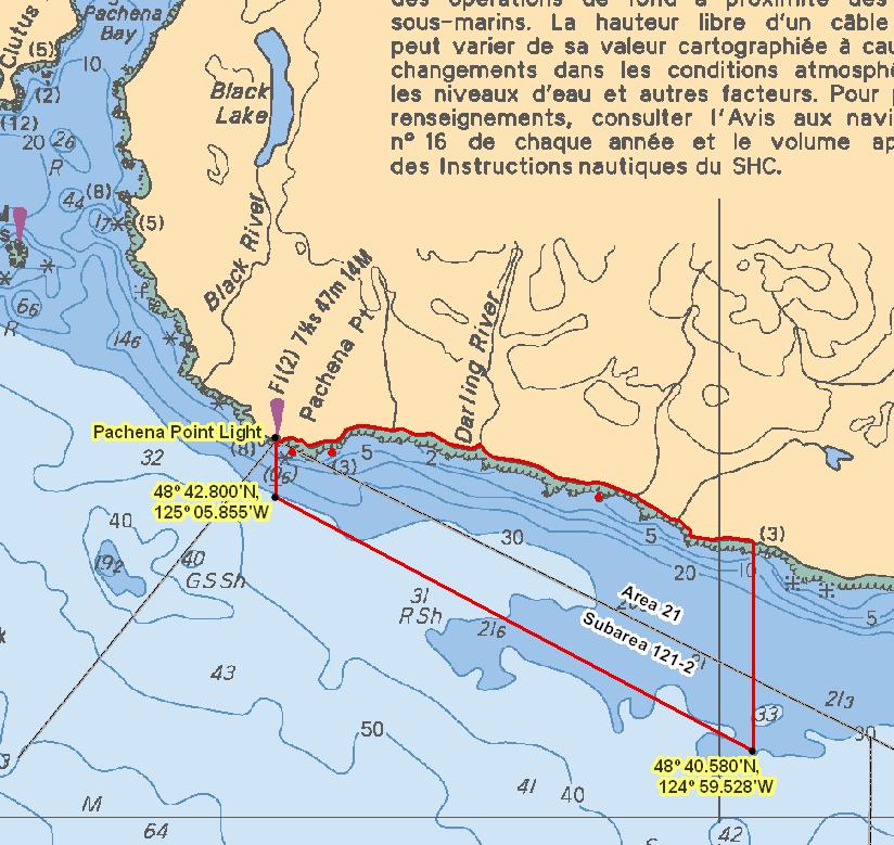 Pachena Point Chart 3602 Those waters of Area 21 and Subarea 121-2 that inside of a line that: begins at 48 43.327 N 125 05.855 W Pachena Point Light then true south to 48 42.800 N 125 05.