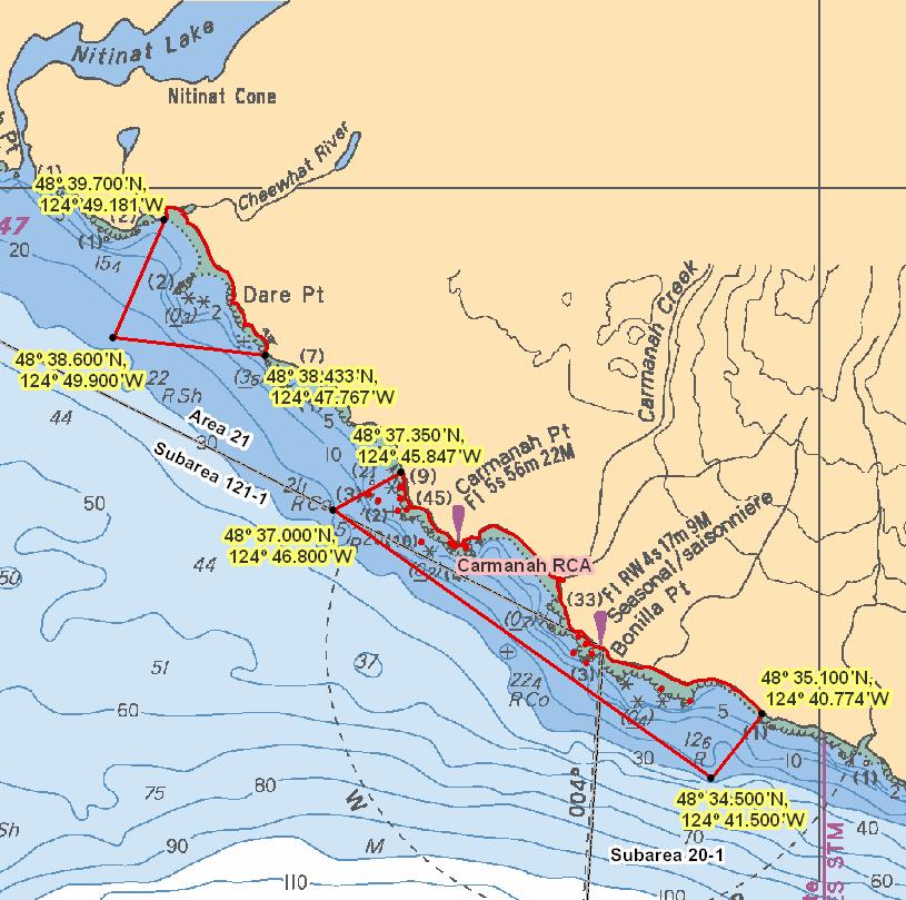 Dare Point Chart 3602 Those waters of Area 21 inside a line that: begins at 48 39.700 N 124 49.181 W near Clo-oose then southerly following the shoreline 48 38.433 N 124 47.