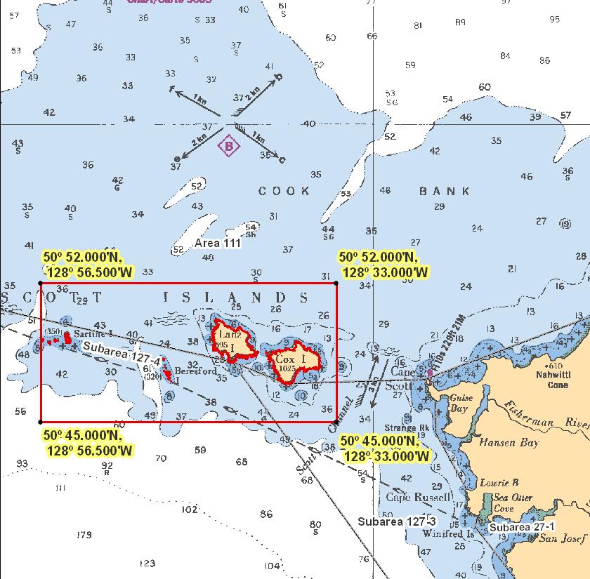 Scott Islands Chart 3744 Those waters of Area 111 and Subareas 127-3 and 127-4 that lie inside a line that: begins at 50 52.000 N 128 56.500 W in water then true east to 50 52.