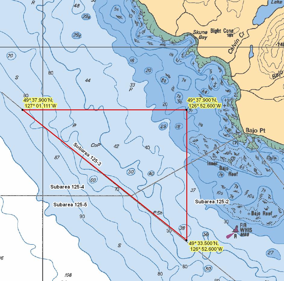 West of Bajo Reef Chart 3604 Those portions of Subareas 125-2 and 125-3 that lie inside a line that: begins at 49 37.900 N 127 01.