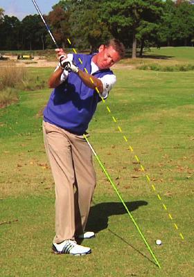 Step 3 At the top of your backswing, the angle should be parallel to the tour stick line.