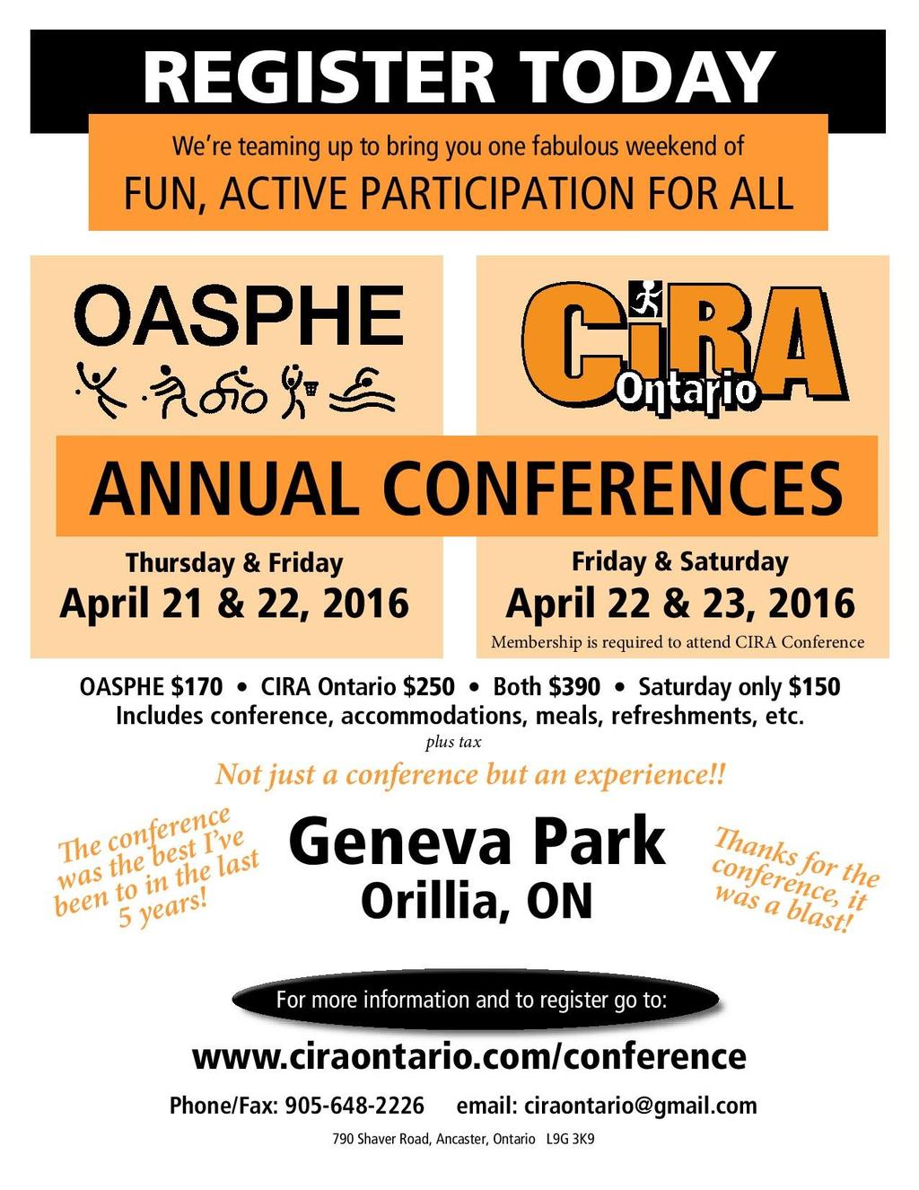 OASPHE/CIRA Ontario 2016 Conference Registration is open One of the first 5 to register for the CIRA conference wins 5