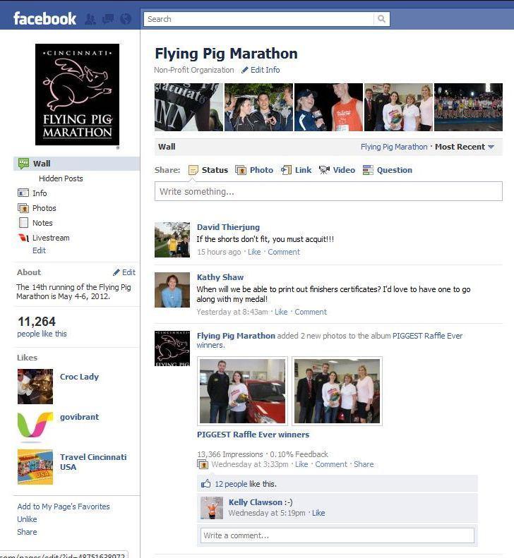 Results The social media efforts during the 2011 Flying Pig Marathon have made the marathon the most socially connected marathon against similar events such as the Indy Mini and the Marine Corps