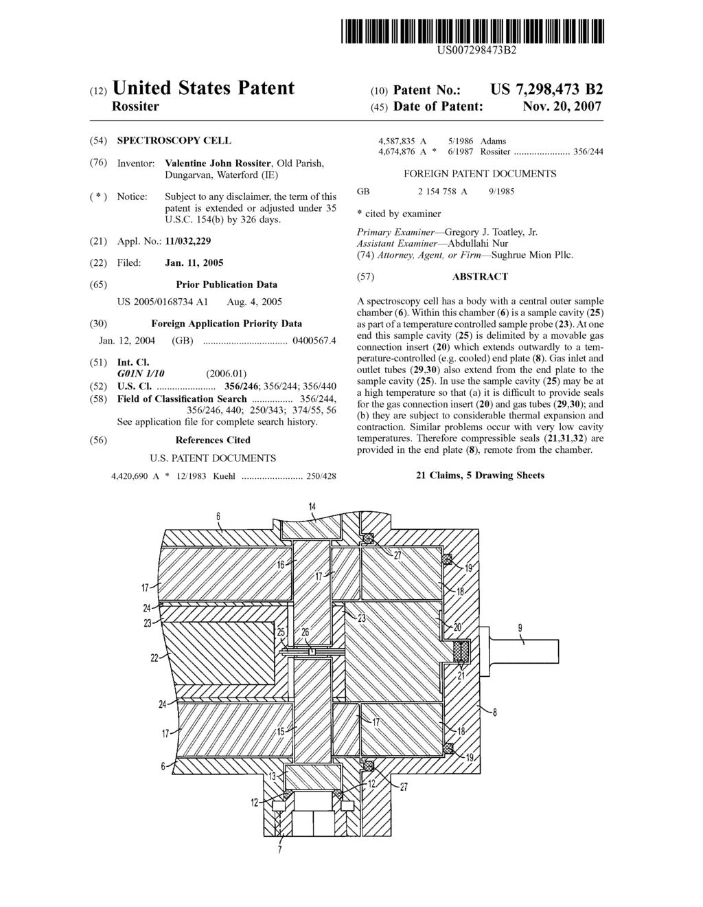 (12) United States Patent US007298.473B2 (10) Patent o.: US 7,298.473 B2 Rossiter (45) Date of Patent: ov. 20, 2007 (54) SPECTROSCOPY CELL 4,587,835 A 5/1986 Adams 4,674,876 A 6/1987 Rossiter.