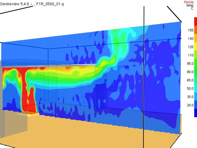 Figure 7.14: Temperature contours for MW fire wide compartment opening without downstand (Simulation F1R) Figure 7.