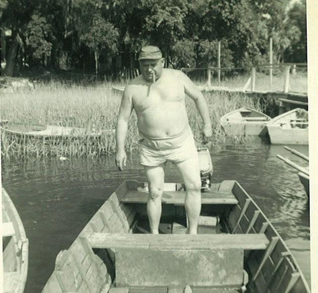 Captain Sherman I Helmey in his tan bathing trunks! And of course he is smoking that big King Edward Cigar that he was so famous for. I never saw him really smoking it.
