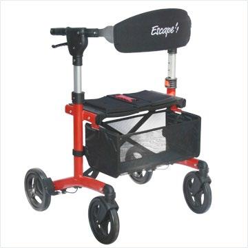 Executive Summary The Escape Rollator is a 4-wheeled rollator walker with a T frame, 3-part folding seat, a large contoured backrest and a folding storage bag.
