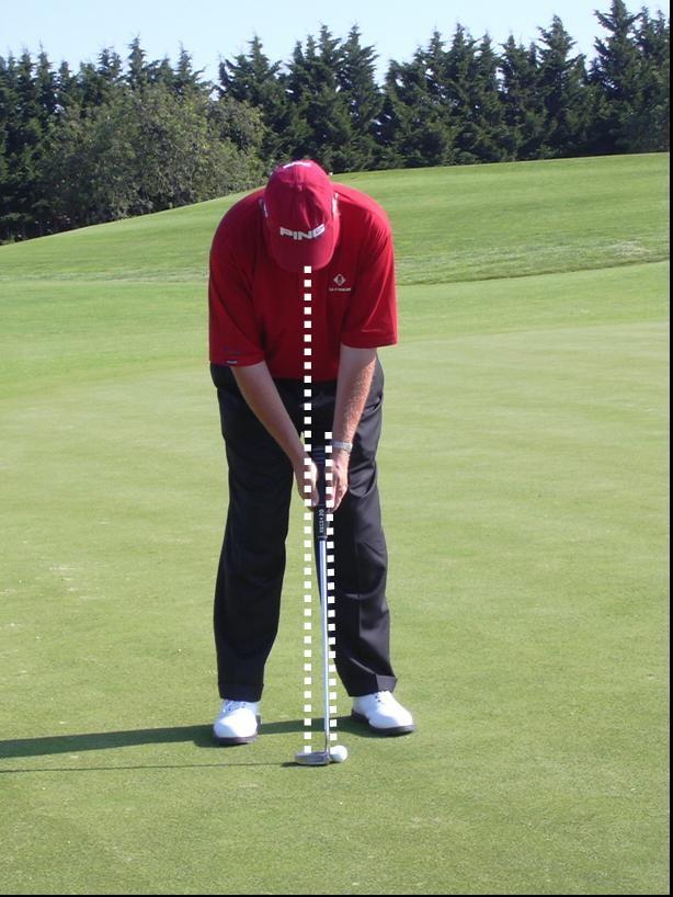 FPA4. A vertical line drawn from the top of the grip should reach the ground just in front of the putter face.