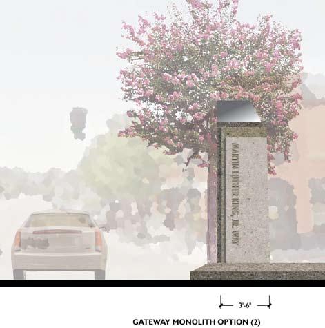 At 40th Street, the neighborhood gateway treatment includes vertical monoliths
