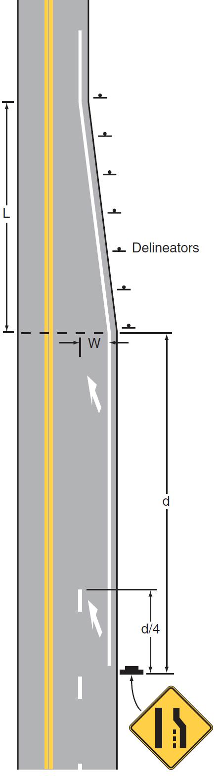 Lane Reduction Markings (different from other non-continuing lanes) Lane line NO CHANGE from 2003 Lane reduction arrows should be used if speed limit is > 45 mph.