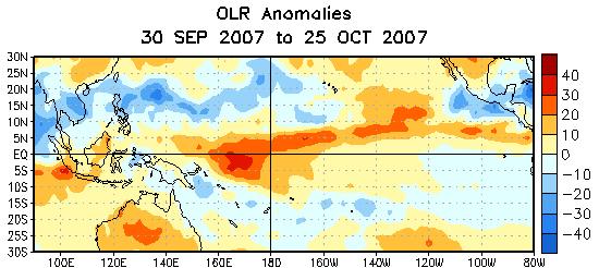 Date Line. Negative OLR anomalies were present over the Philippines, Southeast Asia, and to the southeast of Papua New Guinea.