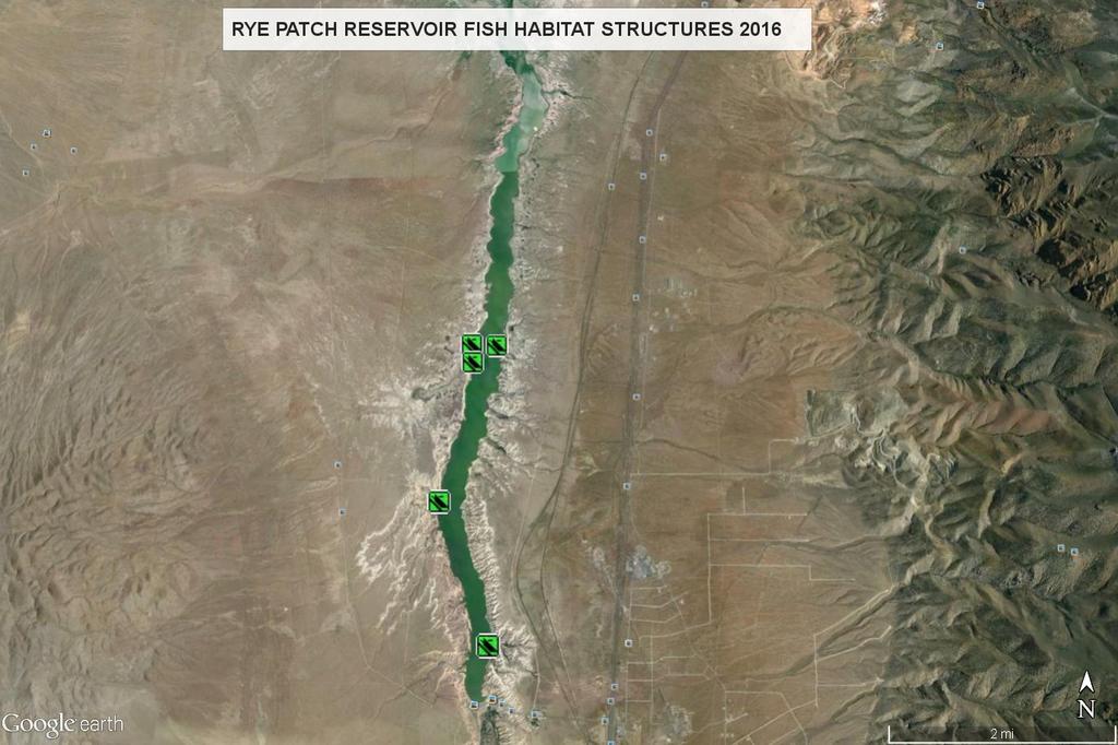A total of 18 structures were placed in Rye Patch Reservoir on May 23, 24, and 25, 2016 (Figure 4). These structures were placed in five different locations.