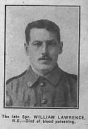 Lawrence William Sapper 150378, Railway Troops Depot, Royal Engineers, died on the 22 nd July 1916 of blood poisoning aged 25, son of Jonas and Louisa Lawrence of Diddenham Cottages, Grazeley,