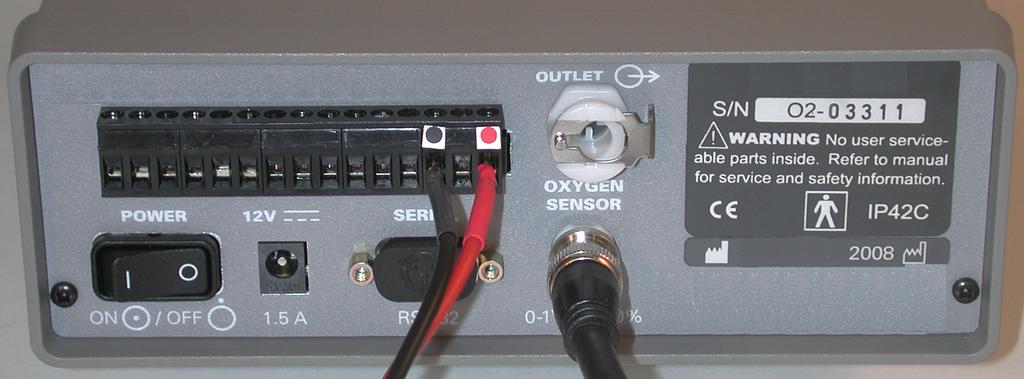 Figure AMe-1-S4: The rear panel of the GA-200A gas analyzer showing the cables attached to the outputs of the carbon dioxide sensor, on the left, and the oxygen sensor, on the right.
