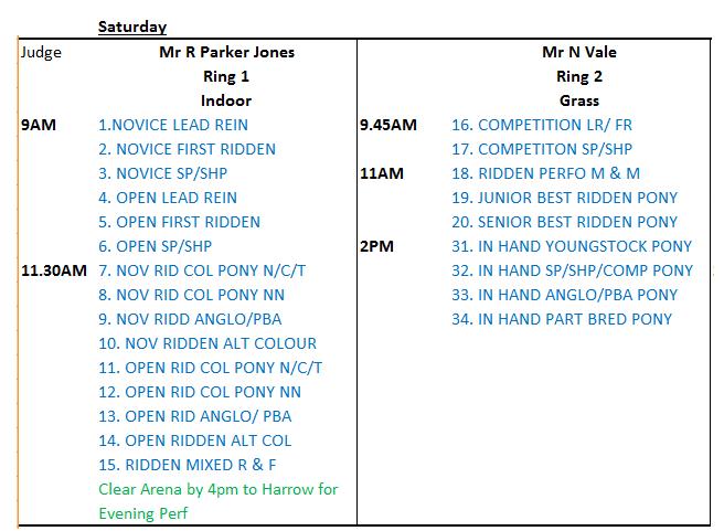 Saturdays Time Table Subject to Modification Additional Classes Not Show 10a Novice Traditional Gypsy Cob Ridden n/e 148cm 15a Open