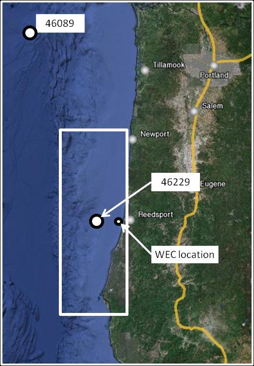 3 Figure 2 Left: Model domain outlined on the Oregon coast. Data buoys 46089 & 46229 are shown for reference as well as the proposed WEC location.
