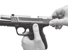 To do this, grasp the pistol with your finger off the trigger and outside the trigger guard, point the muzzle in a safe direction, depress the magazine release and remove the