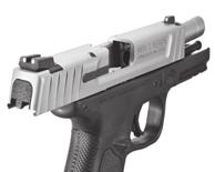 With the muzzle still pointing in a safe direction, and with your finger off the trigger and outside the trigger guard, grasp the serrated sides of the slide from the rear with the thumb and fingers