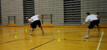 Slow Shuffle (focus on form) 2. Full Speed Shuffle 3. Add Opponent *Partner runs through cones player shuffle 4.