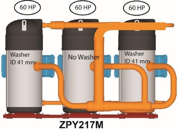 ZP725+ZP485+ ZP725-35 - - 35-50-60 Hz ZPU111M*E ZP725+ZP385-30 - 30 50-60 Hz Table 8: Flow washer position and dimensions of ZP725K* combined with ZP385K* or ZP485K* compressors NOTE: The contents of