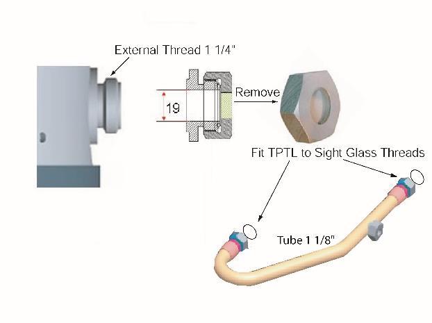 When fitting a Two-Phase-Tube-Line to a Tandem unit, care must be taken to prevent oil spillage when removing the sight glass from the compressor.