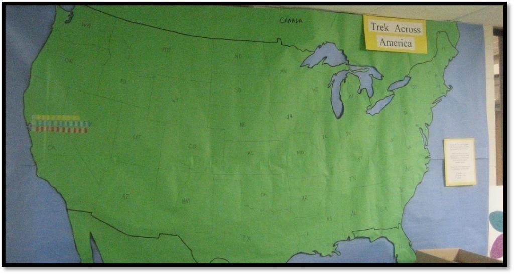 Trek Across America map outside the school office, where students track their total mileage. 2.