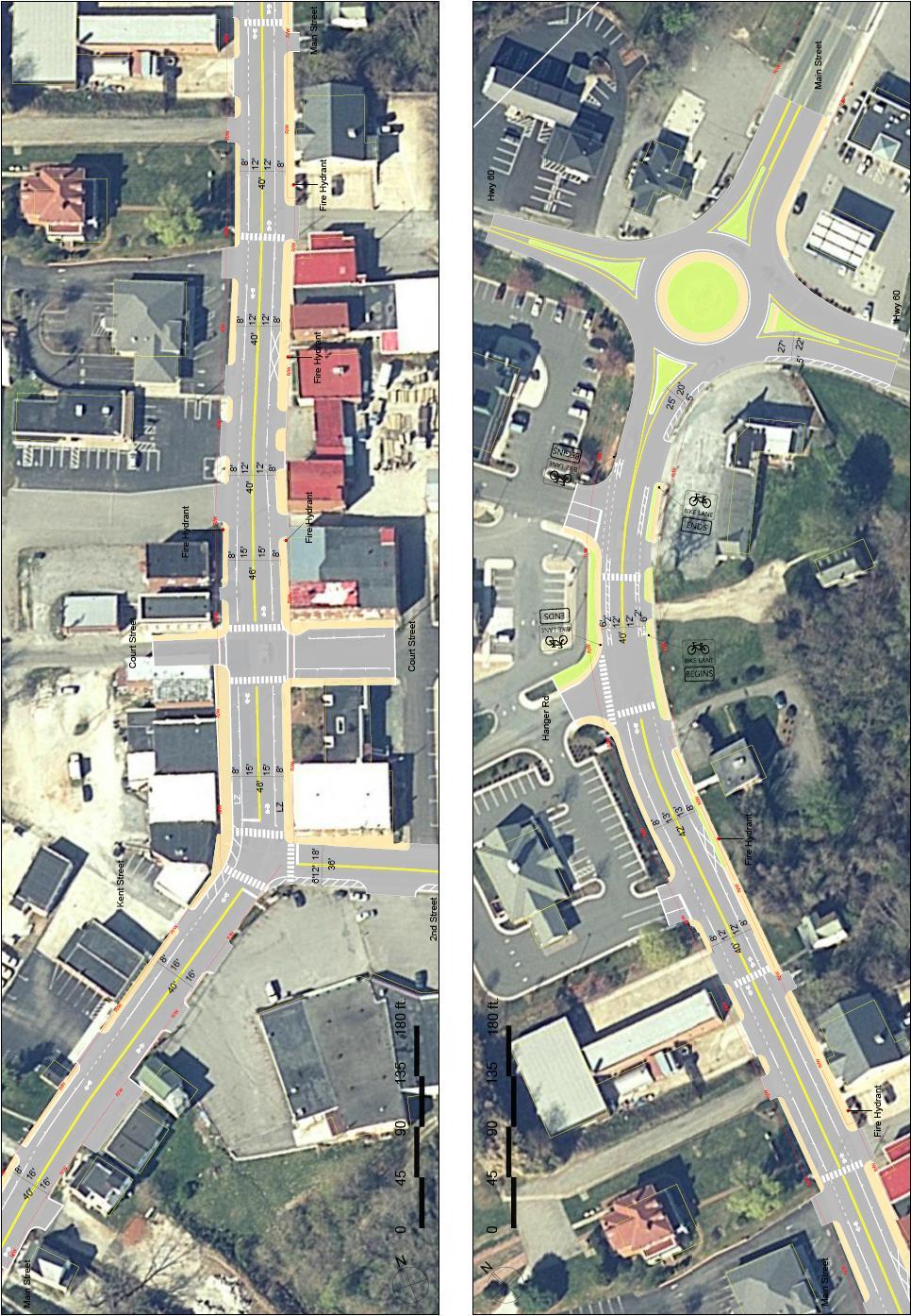 Downtown Amherst Recommended Improvements Phase 1: Pedestrian signalization improvements to the intersection of 2 nd St and Main St (completed during study phase) and sidewalk ramp improvements along