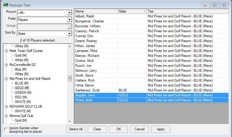 Step 5 Use the Ctrl or Shift keys to select mulitple golfers, then click the tee you wish to change them to and click Apply. If you are creating an individual event, you do not need to create teams.