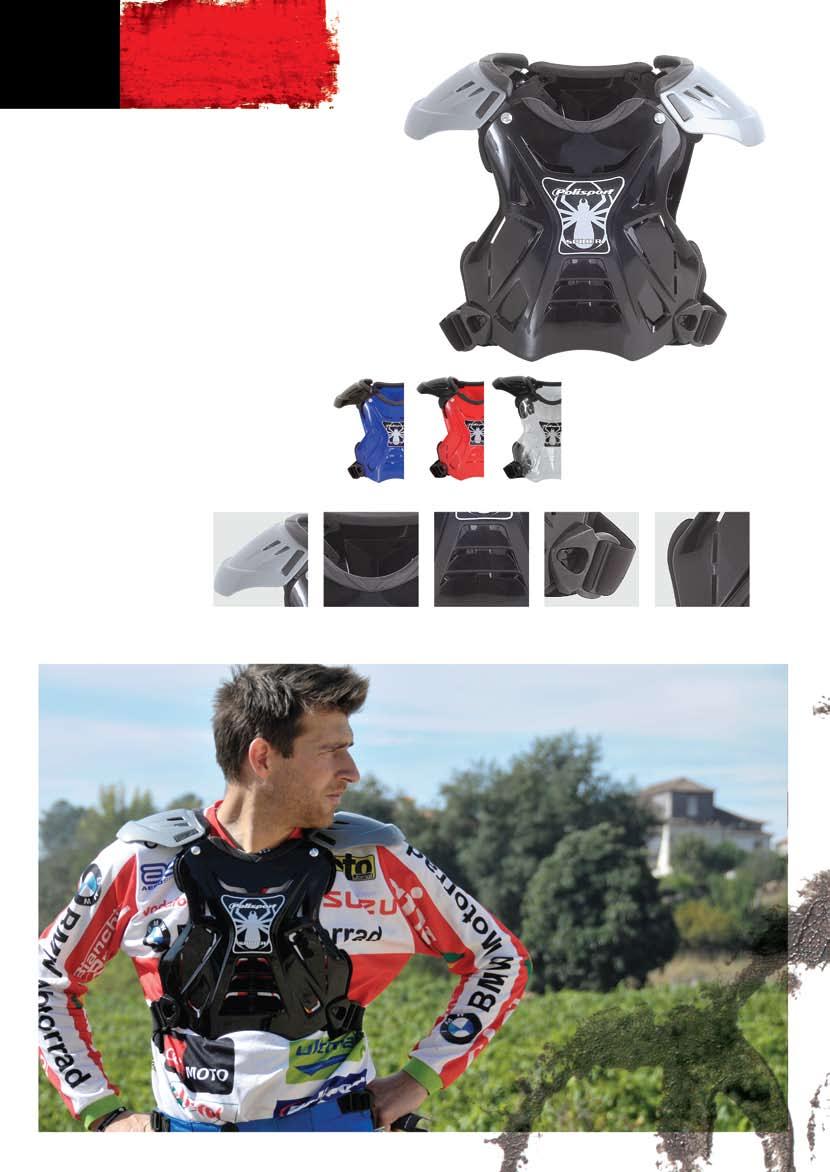 62-63 PROTECTION SPIDER CHEST PROTECTOR ergonomic design spinal protection turbo flow lightweight adjustable straps to allow a custom fit durable buckles and side straps removable foams to permit
