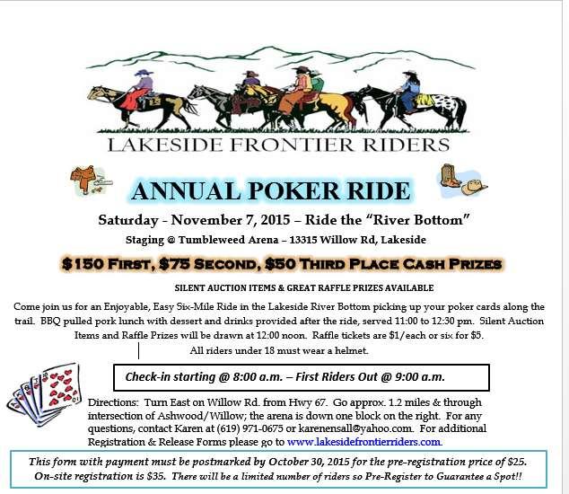 Poker Ride: Our poker ride is just around the corner. We need every member to step up and help out. Our flyers need to be posted at ranches, feed stores, and tack shops.