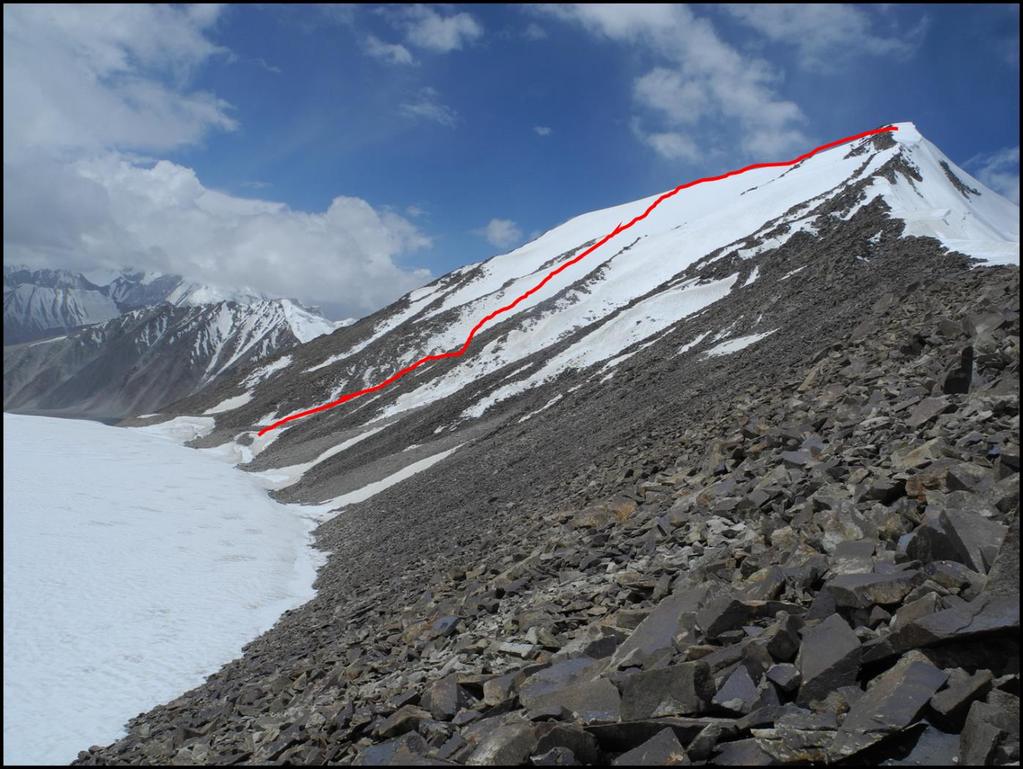 Figure 10: The route on the south-face seen from the west ridge [Photo: Tsewang Gyalson].