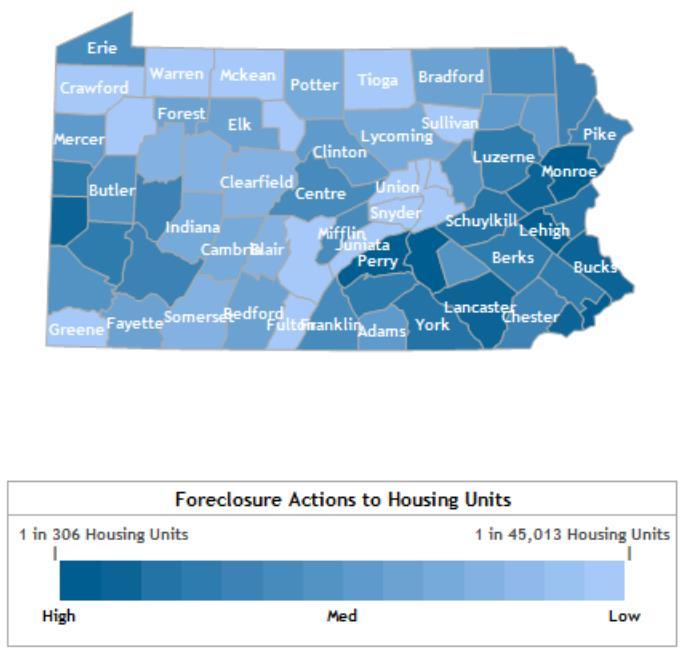 Pennsylvania Foreclosure Heat Map 1 out of every 758 homes in Philadelphia is currently in the process of foreclosure, which is down slightly from 1 out of every 703 homes in