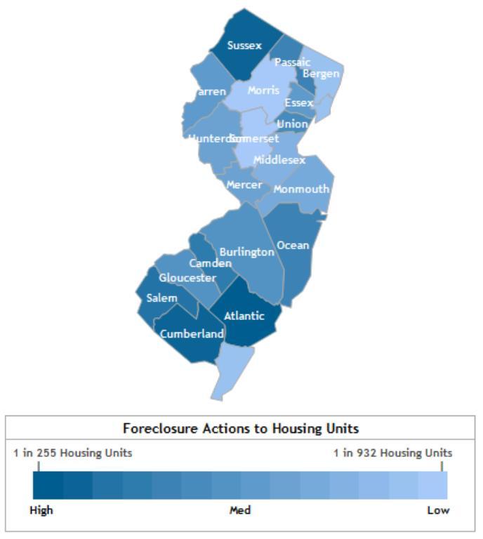 New Jersey Foreclosure Heat Map South Jersey s foreclosure rate is much higher than Pennsylvania s.