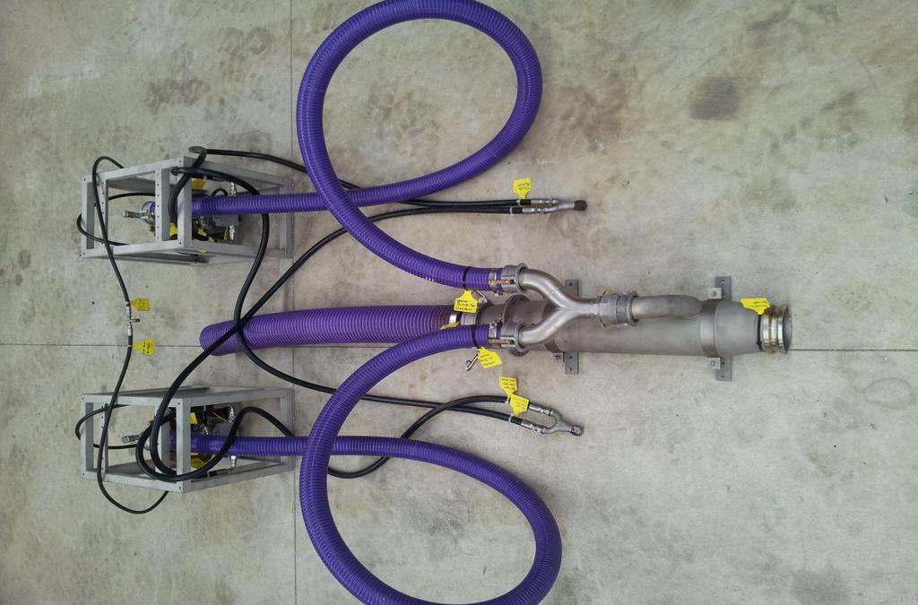 6 inch HURRICANE modular dredge. Component connections. 4000mm long water pump to Venturi hoses are charged out consumables so cut them to length to suit your installation.