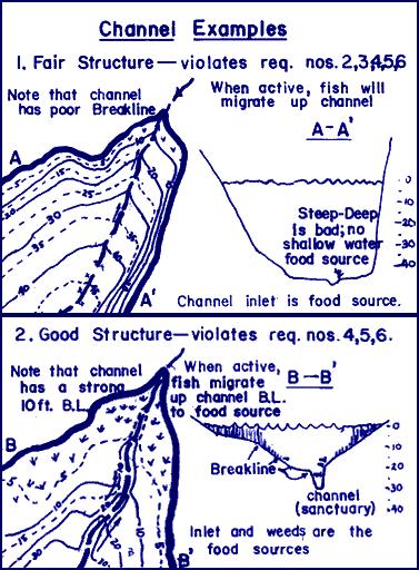 CHANNEL Requirements fo good Channel structure: 1. Inlet has high water flow. (good food source) 2. Food Source adjacent to channel. 3. Channel has strong Breakline. 4. Feeder creeks enter channel. 5.