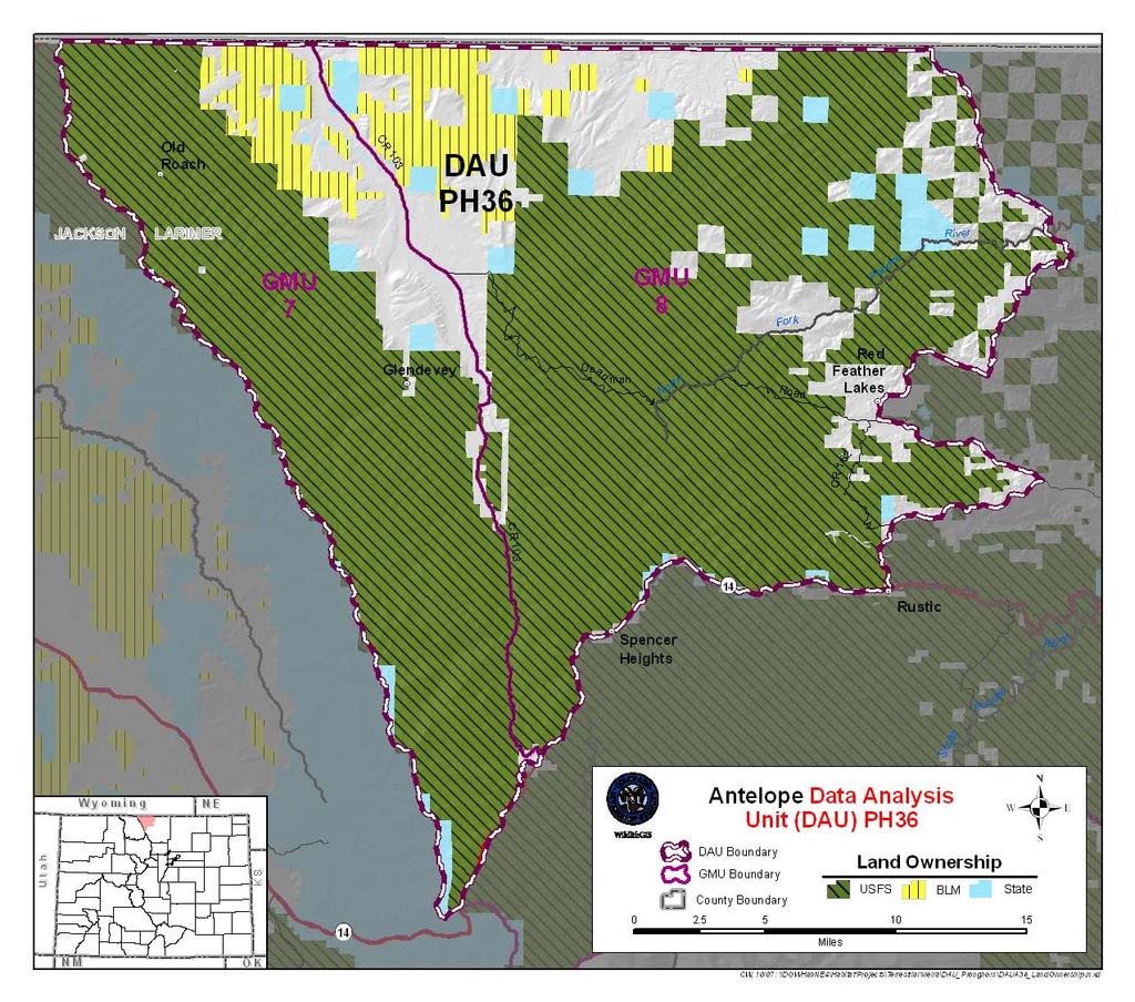 Figure 3. PH-36 Land Ownership Vegetation Vegetation over much of PH-36 is composed of coniferous forest, with shrubby rangeland concentrated around the Laramie River valley.